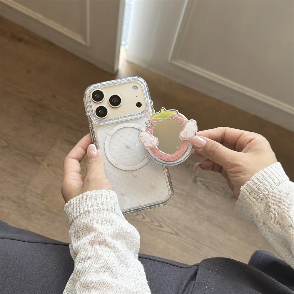 Coquette Kawaii Pink Polka Dot Phone Case For iPhone 17 Pro Max 16 15 Pro Max Magnetic Mirror Grip Holder Cute Shockproof Cover