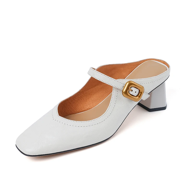 

Vintage Lambskin Fashion Slides 5.5cm Chunky Heel Closed Toe Single Buckle Burgundy Beige Women Retro Shoes