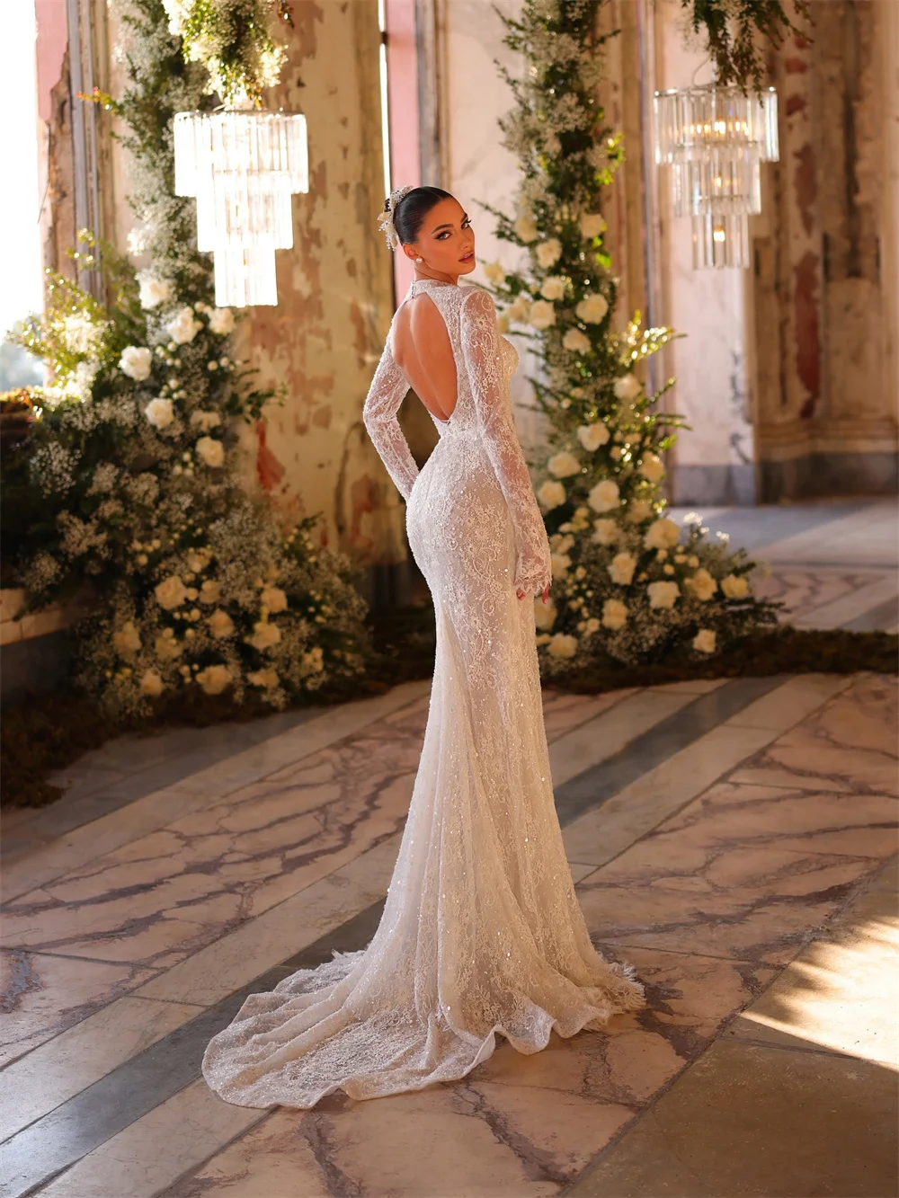 طوكيو مخصص أنيقة الرقبة العالية فساتين الزفاف كم طويل عارية الذراعين قطار المحكمة ثوب الزفاف الدانتيل الأبيض حورية البحر ثوب الزفاف #3