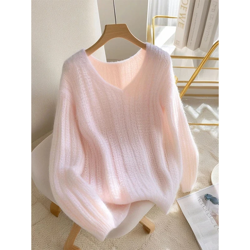 Pink V-neck Knitting Pullovers Women Autumn Winter Simplicity Office Lady Long Sleeve Sweater Fashion All-match Knitwear Tops