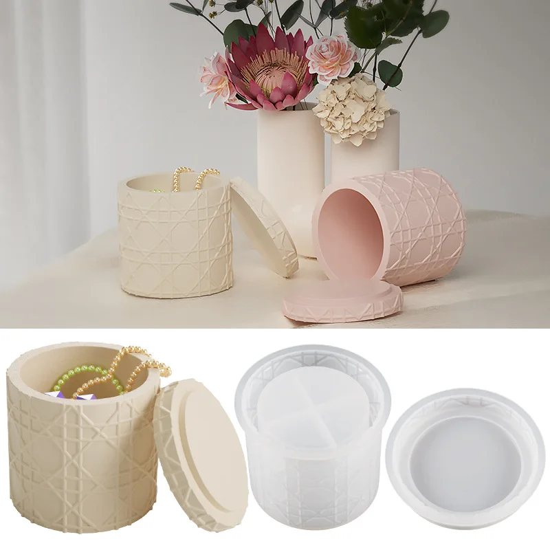 

Rattan Pattern Candle Jar Silicone Mold DIY Handmade Storage Box Pen Holder Plaster Cement Vase Crafts Casting Molds Home Decor