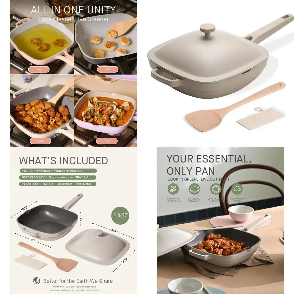 

10.5 3.8QT Ceramic Non-Stick Deep Sauté Pan with Lid, Cast Aluminum, Wooden Spatula & Scrubber - Morning Mist