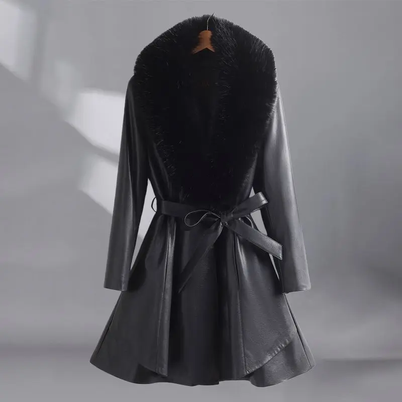Women‘s Slimming Mid-Length Leather Puffer Coat Korean Style Thickened Parka Fur Collar Fashion With Belted Trench Coat