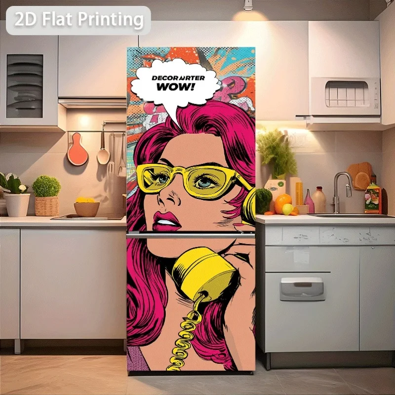 of Refrigerator Sticker Measuring Featuring a Woman with Magenta Hair Wearing Yellow Glasses And Holding a Yellow Phone, Set A
