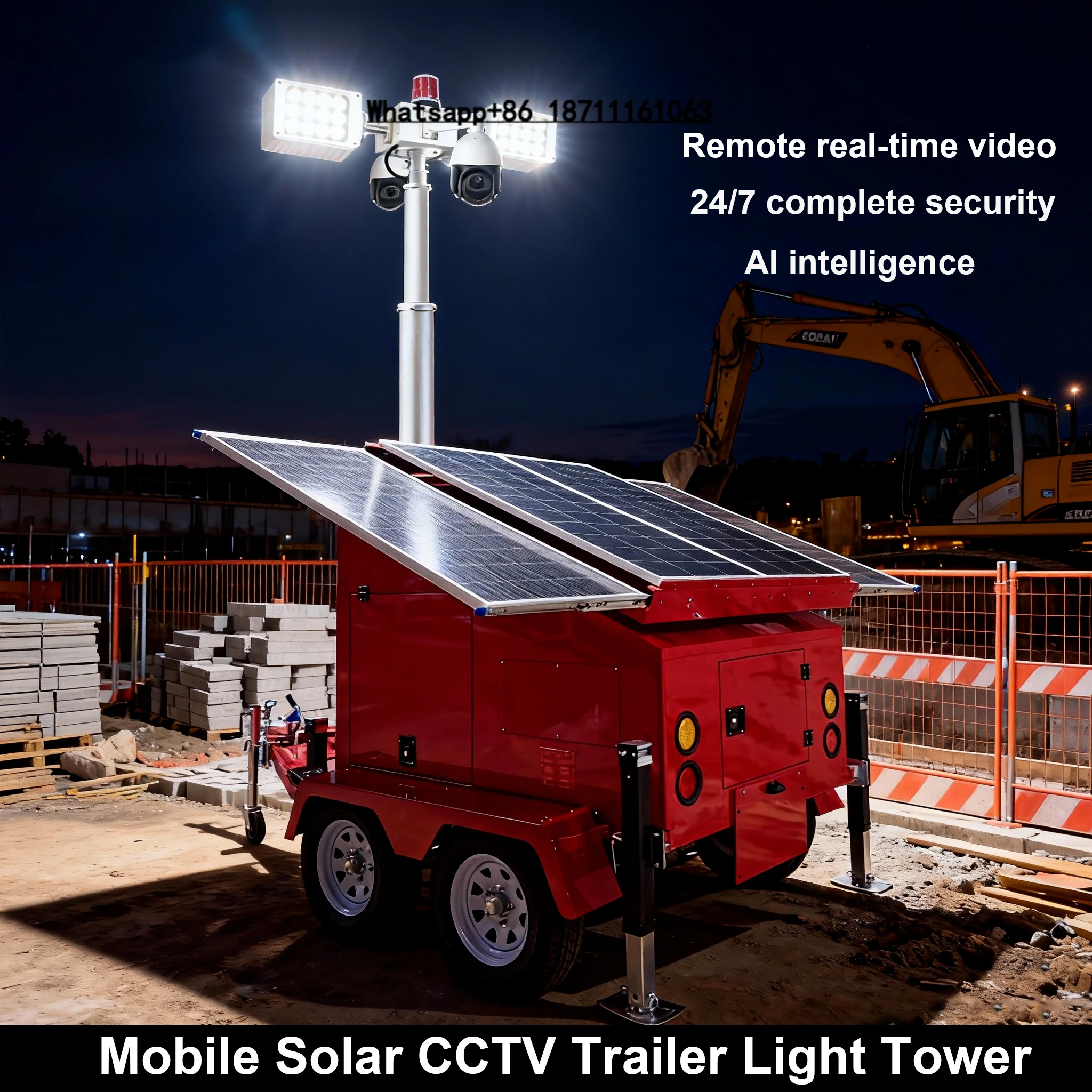 

OKTrailer Solar CCTV Trailer Light Tower 6m Manual Electric Telescopic Mast 360 Degree HD PTZ Mobile Monitoring System