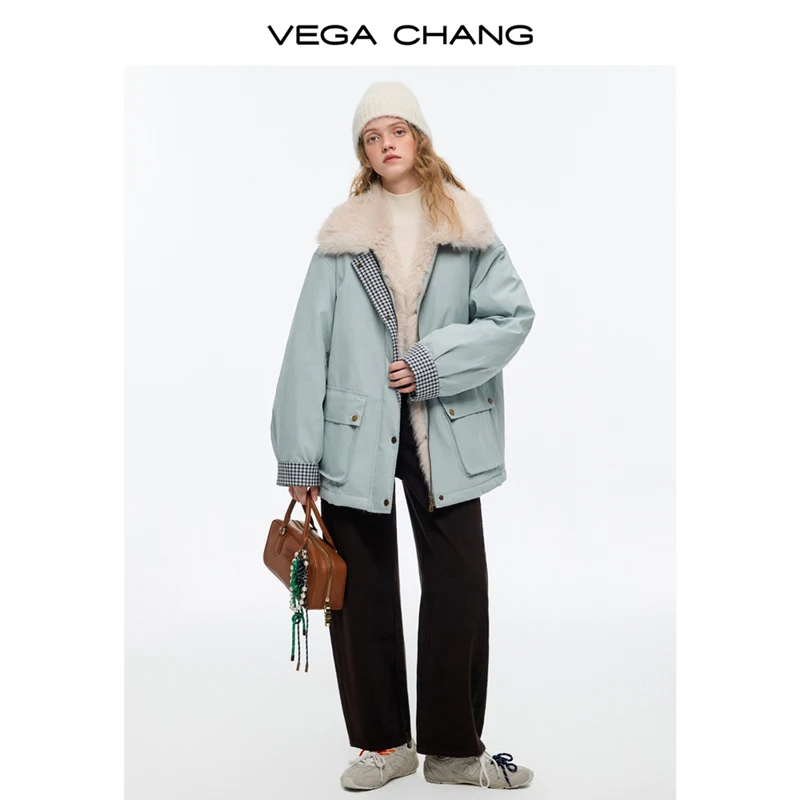 Kurtka puchowa Vega Chang New Winter damska, aksamitna, z futrzanym kołnierzem i przeszyciami w kratę, ciepły płaszcz