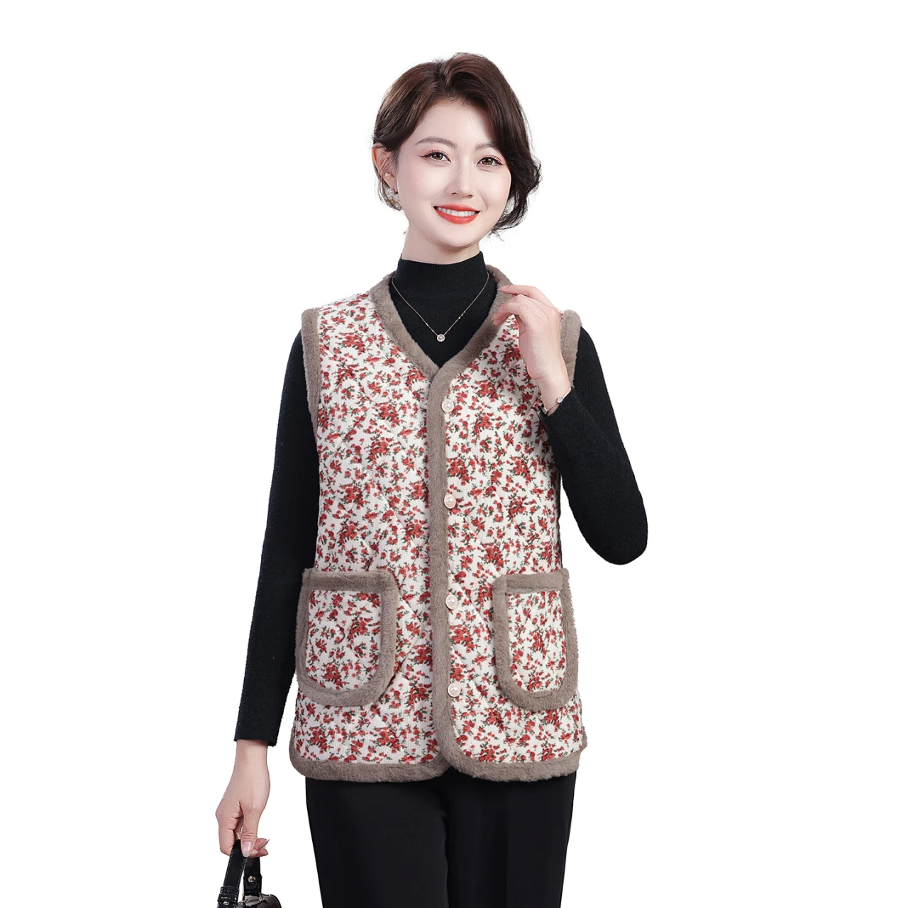 

Женский жилет на подкладке с цветочным принтом для среднего возраста, осень-зима, новая теплая верхняя одежда