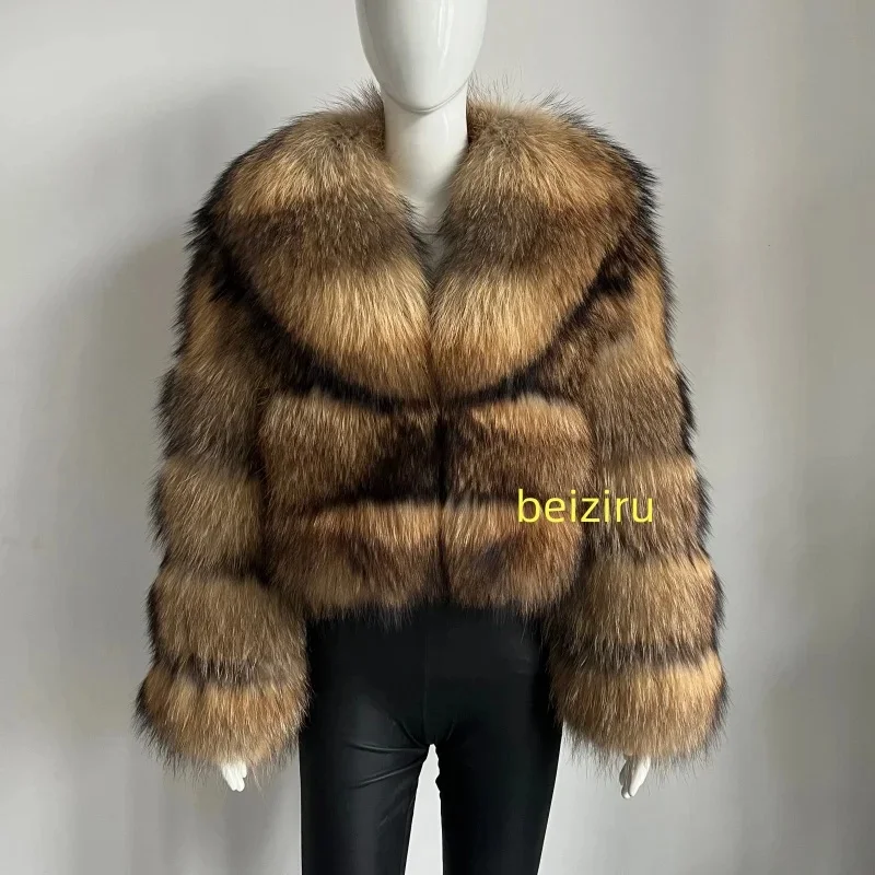 BEIZIRU Women's Real Raccoon Fur Coat Winter Long Sleeve Hooded