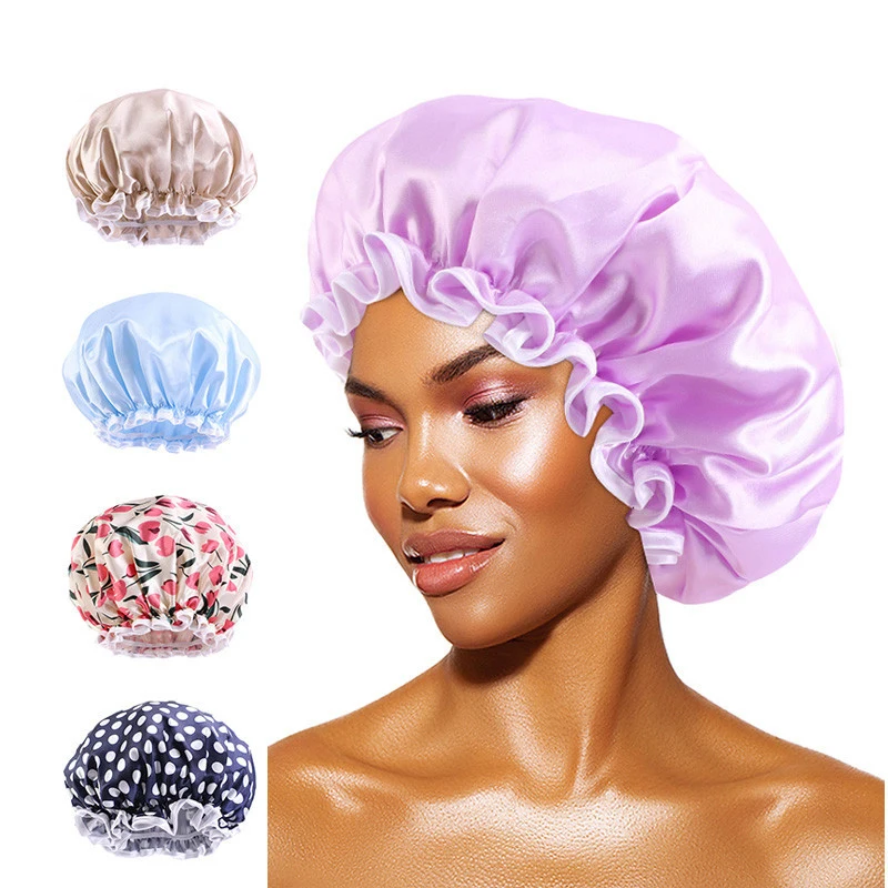 

2021 New Satin Hair Caps For Sleeping Women Bath Bonnets Double Layer Adjust Headwear Cover Hat Curly Hair Styling Accessories