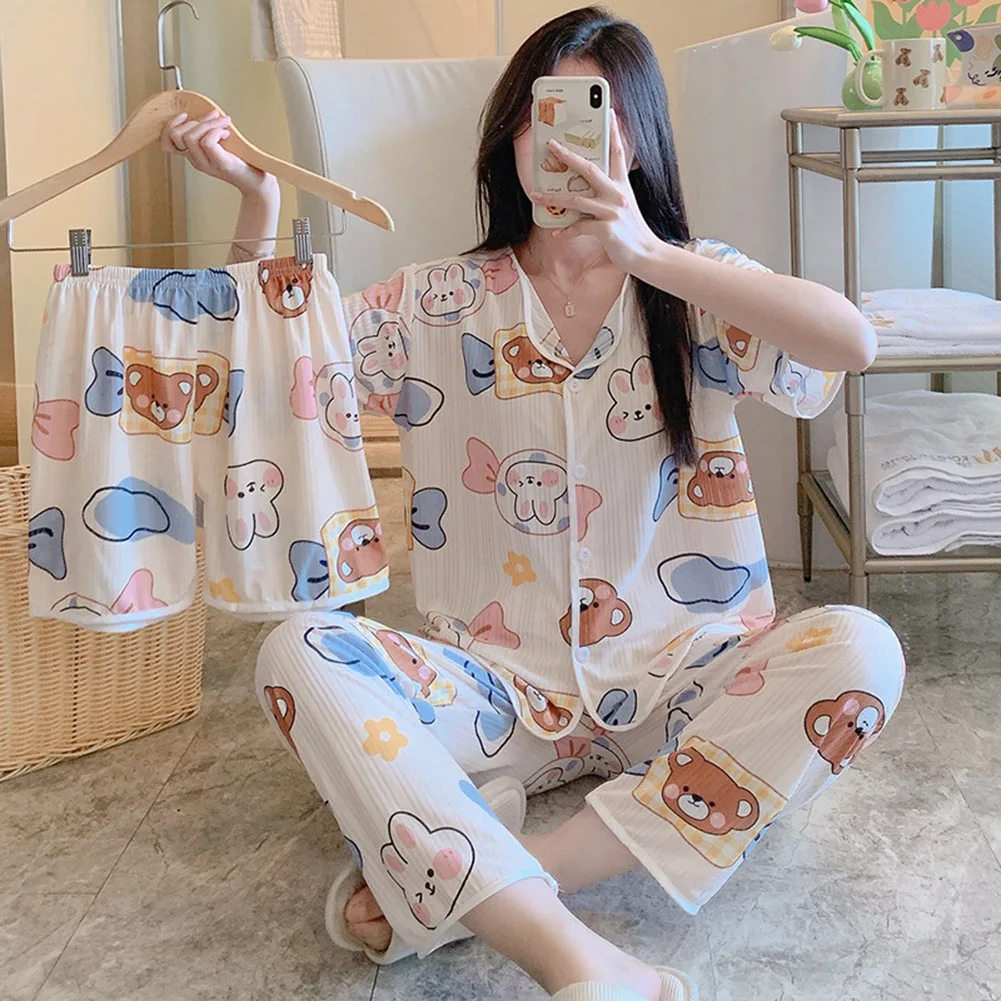 Trendy Women Pajama 3 Piece Outfit featuring Cute Cartoon Bow Design Comfortable Short Sleeve Top paired with Long Pants