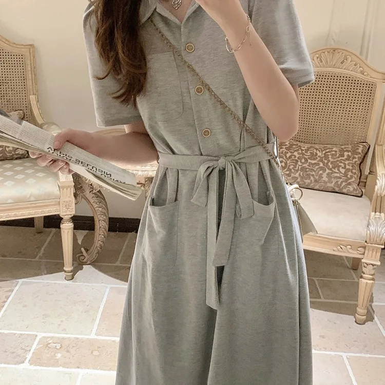 

Lazy Style Lapel Bow Tie-dress Women Dress Short Sleeve Summer Elegant Polo Collar Casual Midi Dresses Student Fashionable