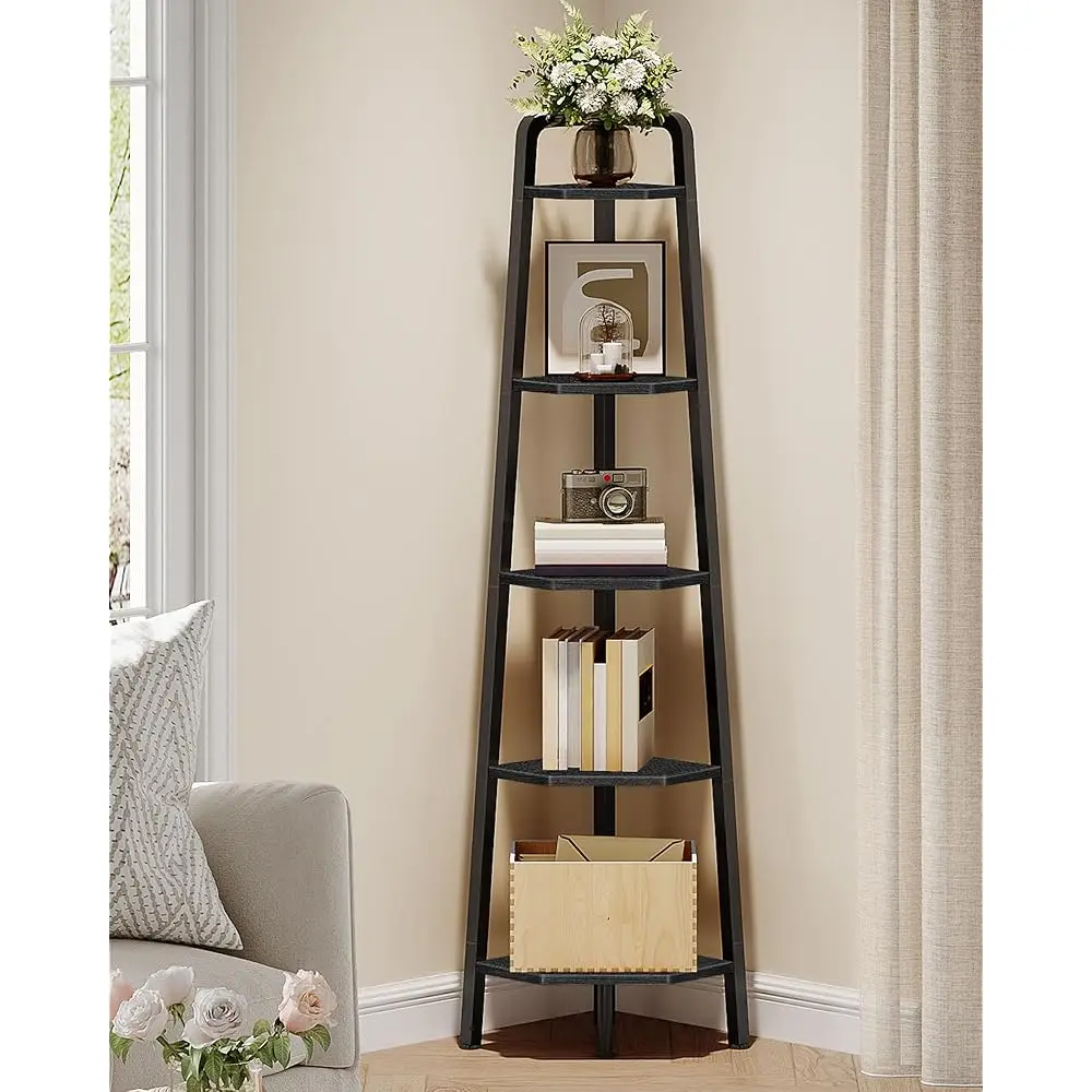 

Corner Shelf, 5-Tier Ladder Corner Shelf, Ladder Bookshelf, 59.6"" Tall Vertical Display Stand, Metal Frame Bookshelf, For