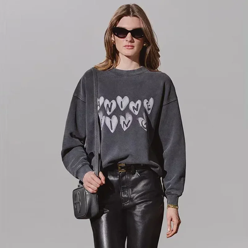 24 Winter New North American Niche AB Love Letter Printing Washing Water Frying Color Old Black and Gray Women's Sweater