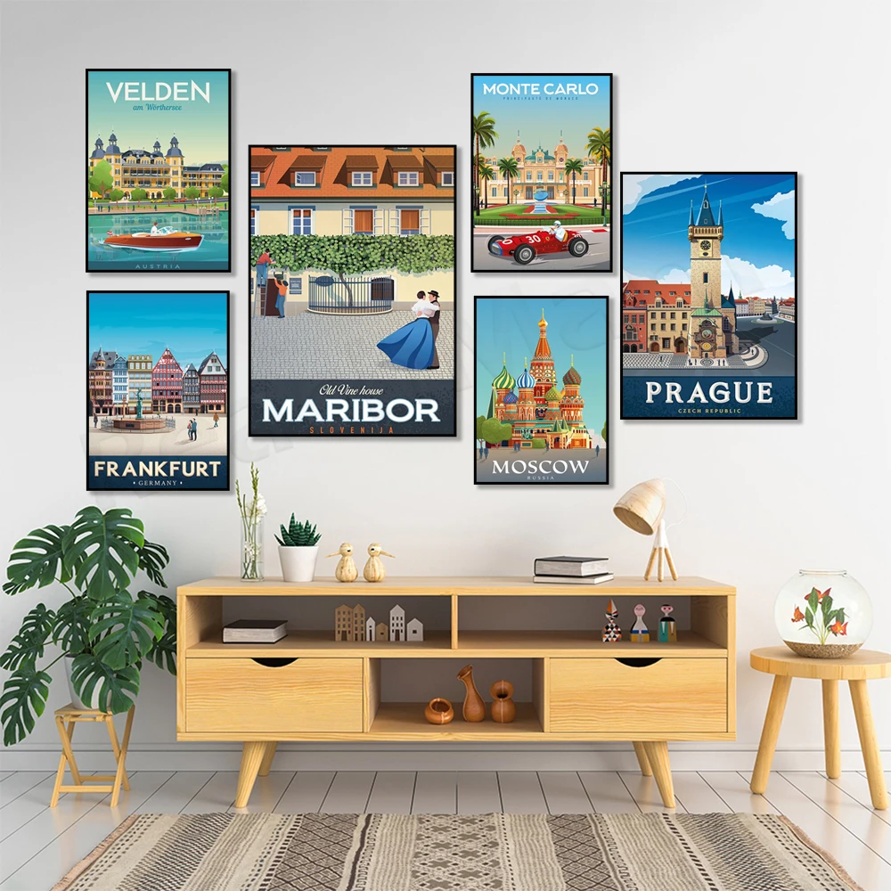 Travel poster for Prague, Russia, Brighton England, Velden Austria, Lake Bled, Frankfurt Germany, Tallinn Estonia, Zagreb Croati