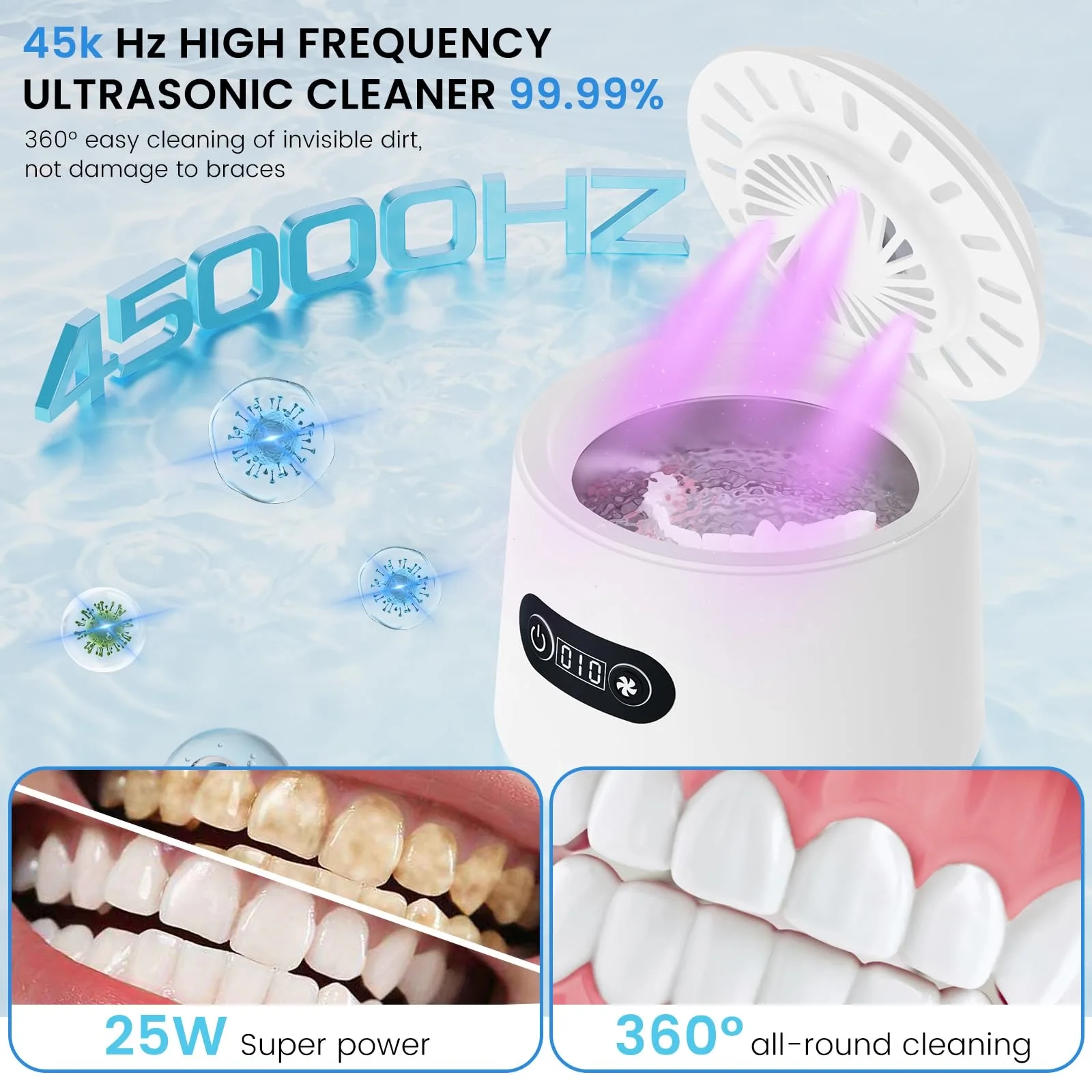 Ultrasonic Retainer & Denture Cleaner, 45kHz with Dry & Digital Timer for Retainers, Aligners, Jewelry, Rings, Mouth Guards