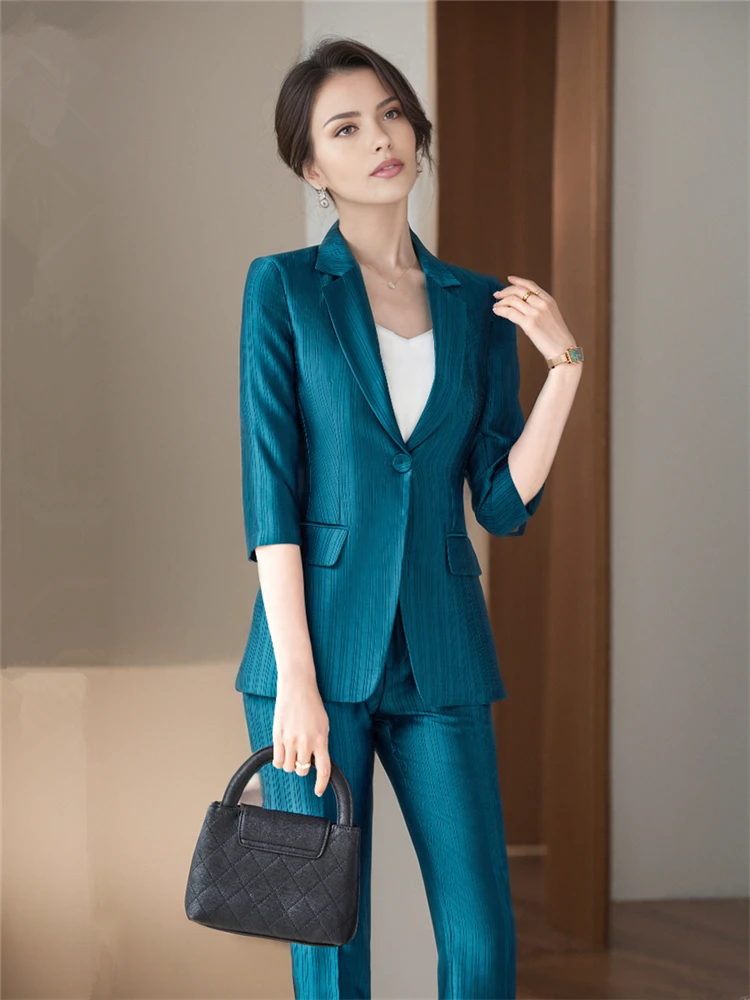 Pants Sets for Women Chic and Elegant Half Sleeve Blazer 2 Pieces Sets Outfits Trousers Suits  Blue Khaki Spring Summer New 2024