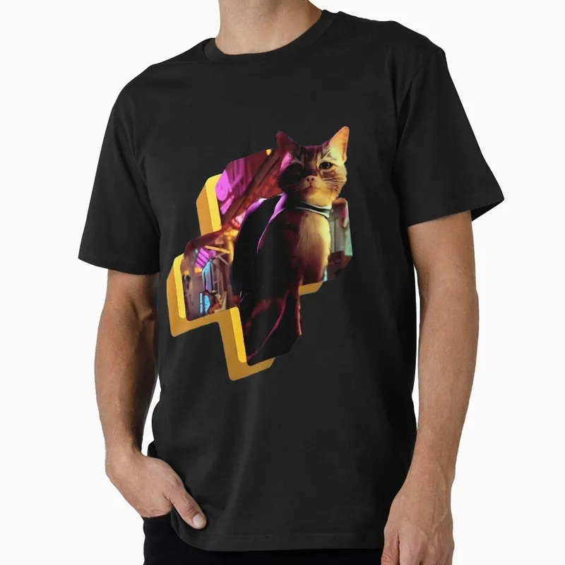 Stray Video Game Cat Graphic T‑Shirt O‑Neck Short Sleeve Unisex Tees Cyberpunk Stray Cat Print Casual Streetwear For Gamer Fans
