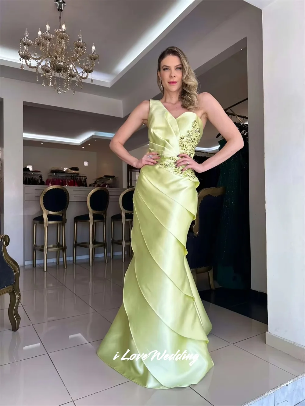 

Pale Green Mermaid Tiered Ruffle Appliques Beaded Evening Dress One Shoulder Sleeveless Floor-Length Elegant Pleated Customized