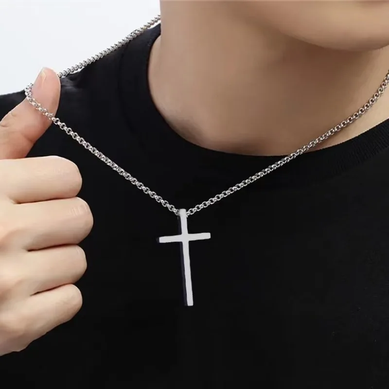 Silver Colour Titanium Steel Glossy Cross Pendant Necklace Men\'s Hip Hop Hundred Long Chain Necklace Holiday Party Accessories