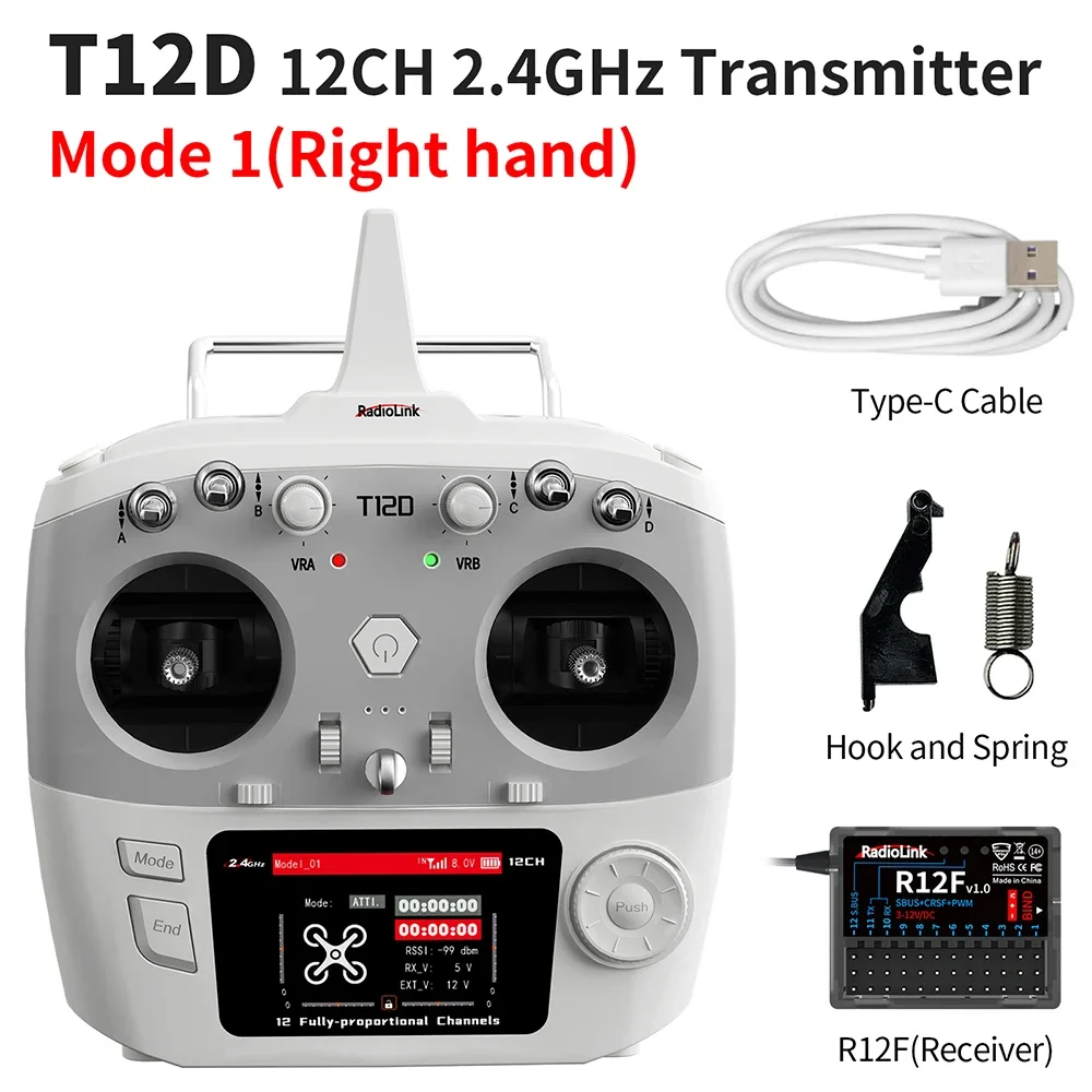 RadioLink T12D 12CH RC-zender 2,4 GHz 2,8 inch 4000 m afstand met R12F-ontvanger voor FPV Drone Vaste vleugel Auto Boot Robot