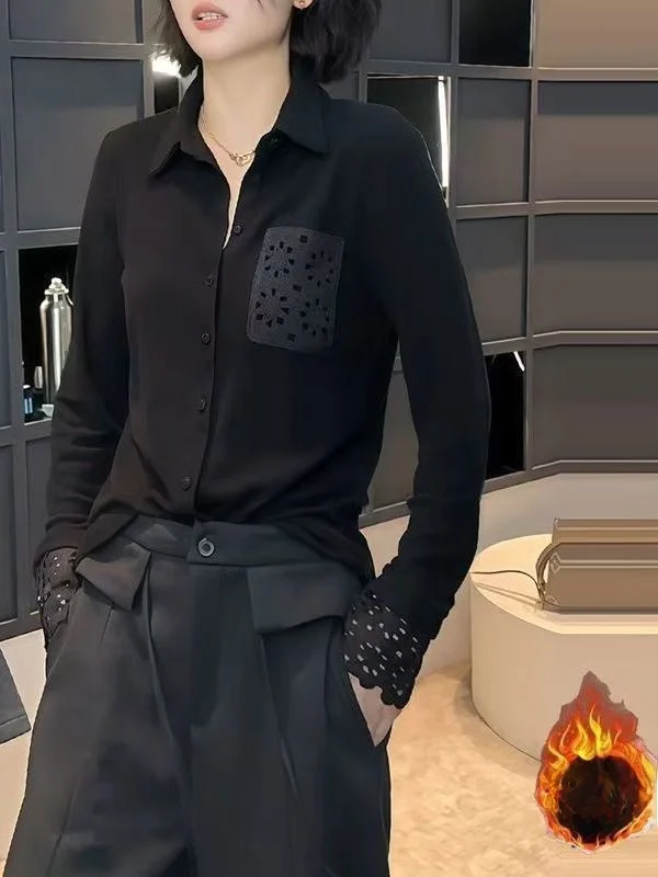 Autumn Winter Long Sve  Collar Thermal Slim Fit Base irt Hollow out ket Splicing Sve European Sle Vintage Fa...