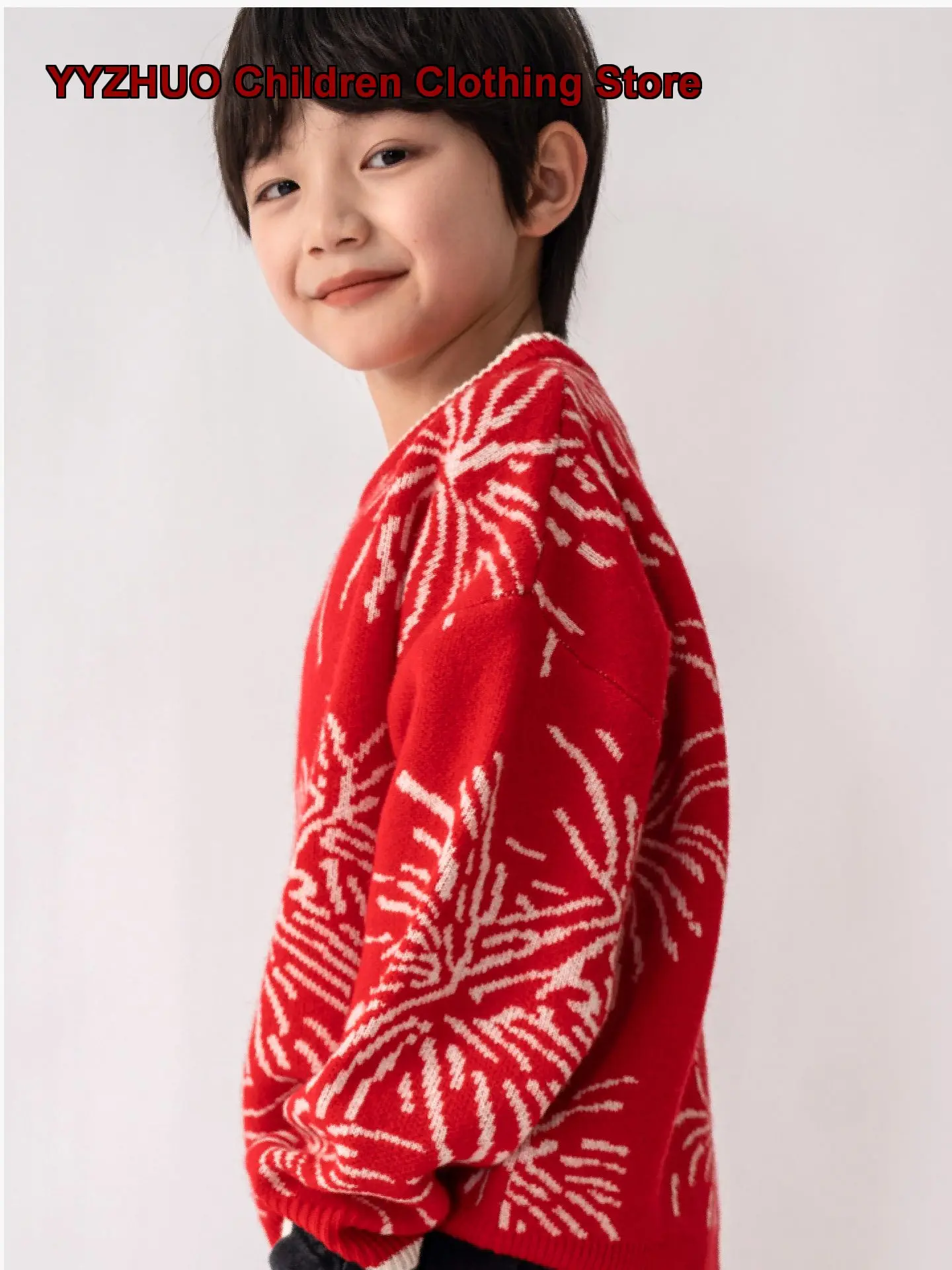 Boys Pullover Sweater Kids New Year Red Knit Top Solid Color Loose Fit