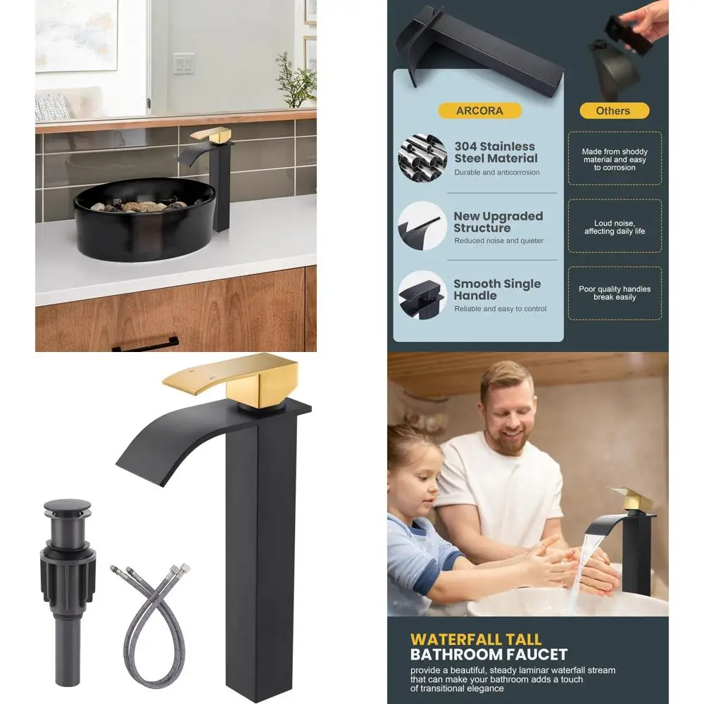 

Single Hole Tall Bathroom Faucet, Single Handle Vanity Tap with Up Drain and UPC Supply Lines