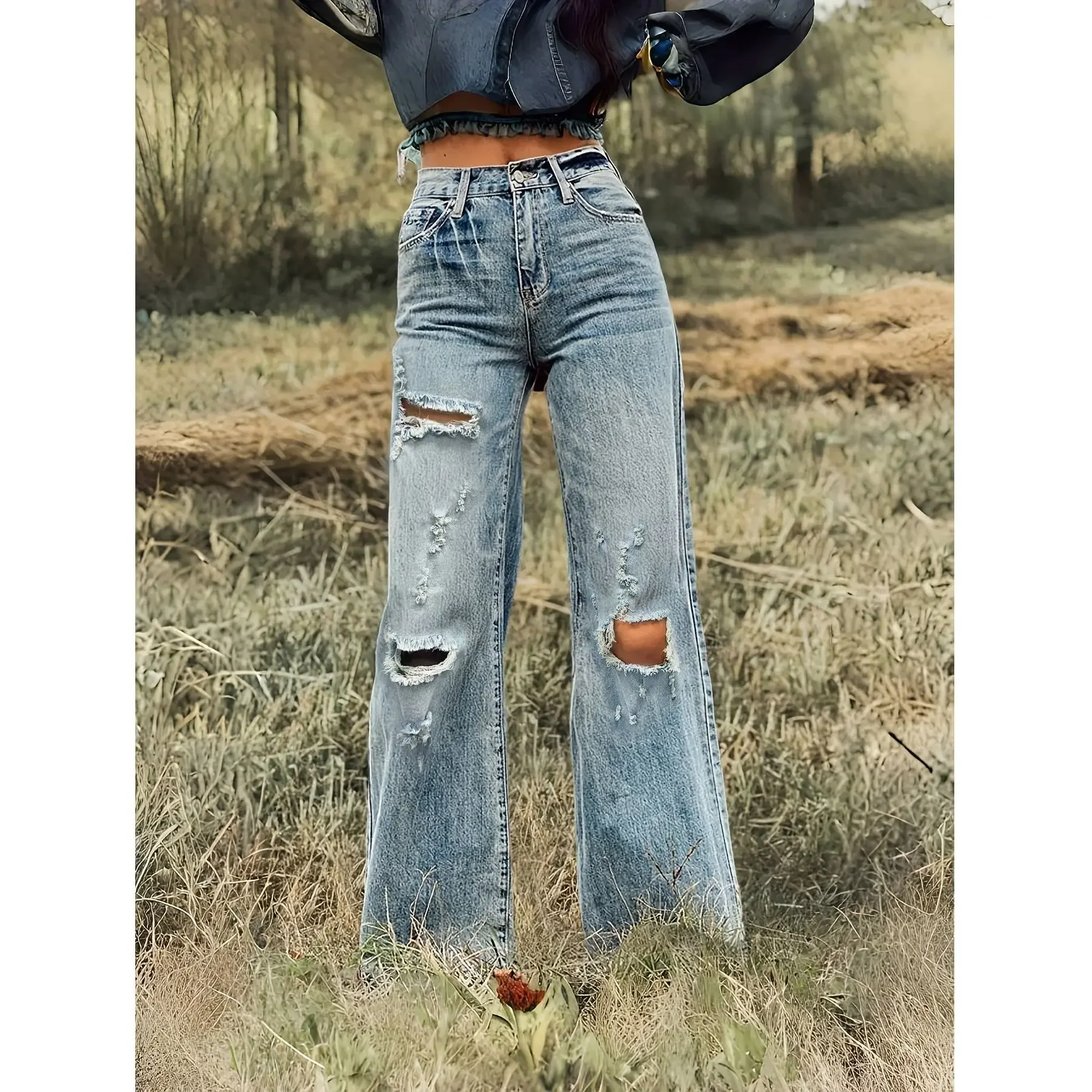 

Женские джинсы Y2k, потертые широкие брюки, эластичные винтажные модные джинсовые брюки с высокой талией, 2025 г., модные