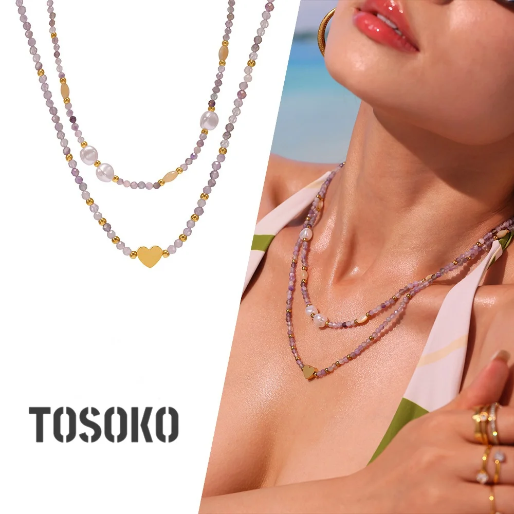 TOSOKO estilo étnico perla antigua piedra Natural cuentas hechas a mano cadena de clavícula acero de titanio collar de corazón que no se decolora P1336