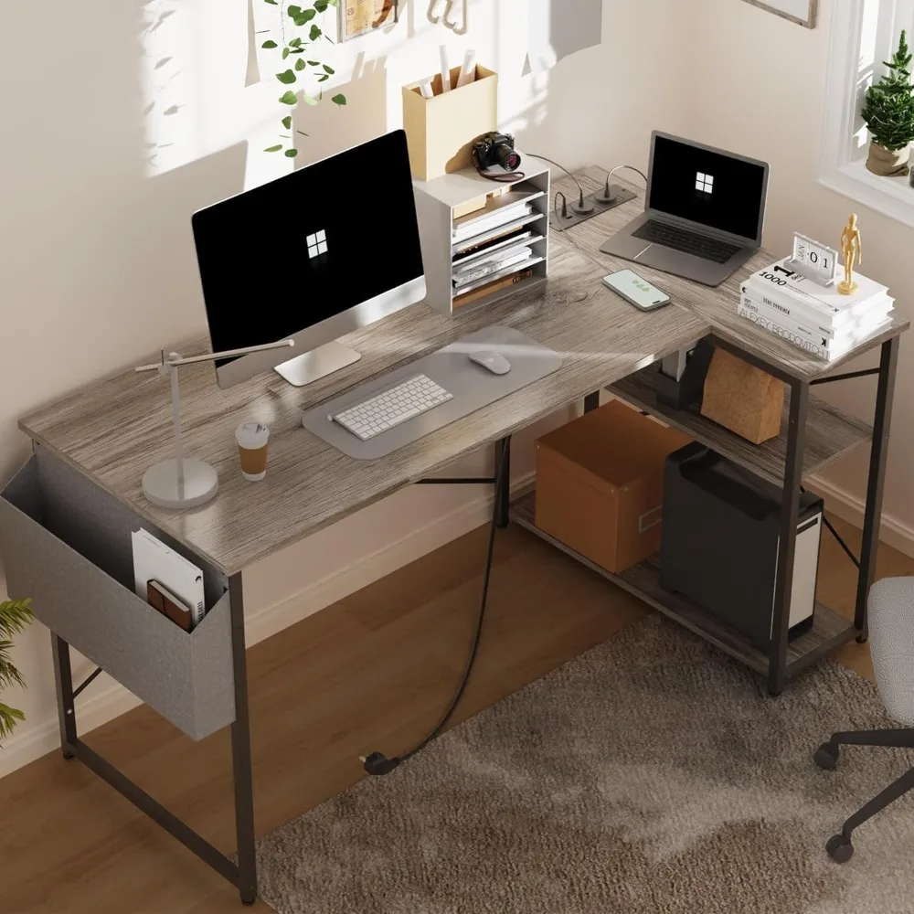 L-Shaped 40 Inch Corner Computer Desk with Power Outlets, Compact Gaming Desk with Reversible Shelves for Small Spaces