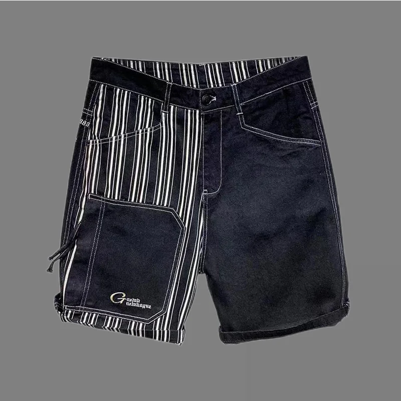 2024 New Summer Irregular Retro Loose Casual Men's Wear Handsome Striped Splicing Pockets Polyester Folds Chic Y2K Knee Length