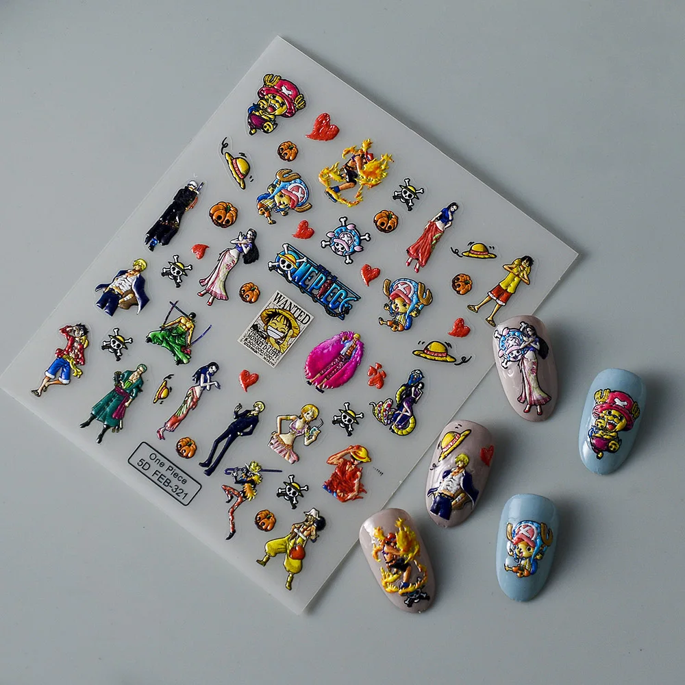 1PCS 5D Relief One Piece Nail Stickers Ace Luffy Straw Hat Three Generals Nail Art Accessories Anime Characters Nail Parts