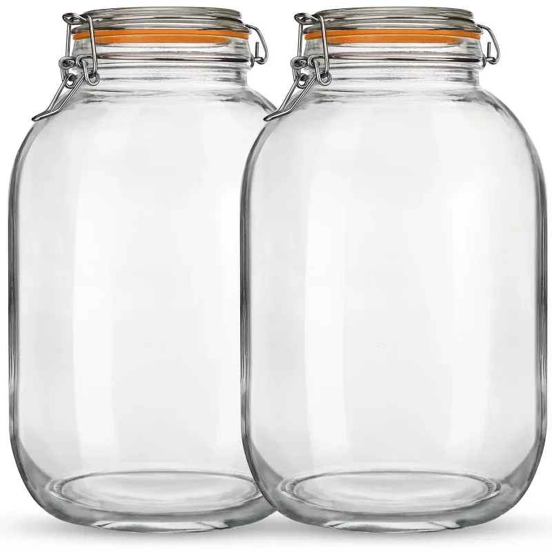 Glass Jars with Airtight Lids, 2 Pack - 1 Gallon Wide Mouth Storage Mason Jars with Hinged with 1 Replacement Silicone Gaskets