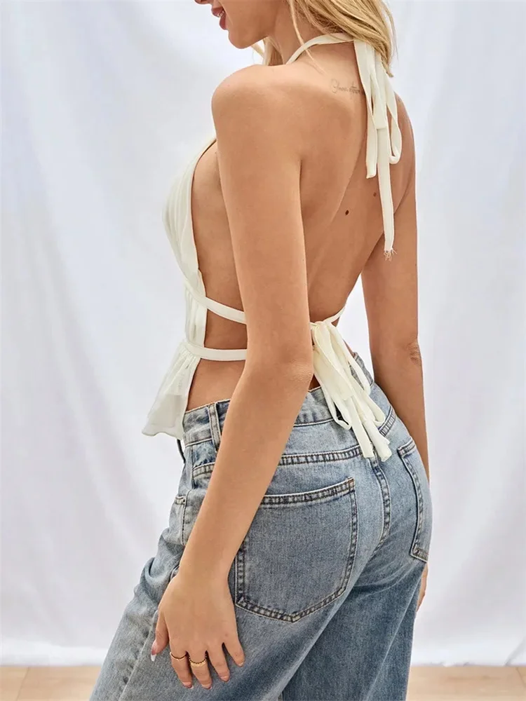 بلوزة رسن مثيرة بدون ظهر مطوي للنساء صيفية حلوة مكشوفة الكتف بحاشية مكشكشة قميص قصير Y2K ملابس خروج