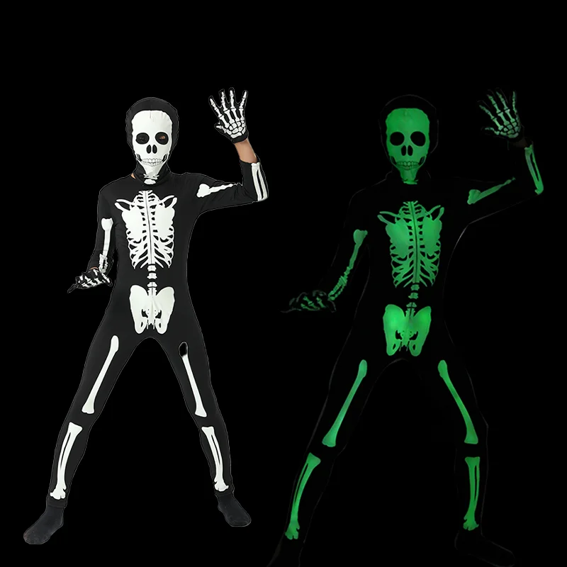 

Halloween Skeleton Costume for Children Ghost Jumpsuit Glow in The Dark Carnival Party Zentai Bodysuit Stage Performance Outfits