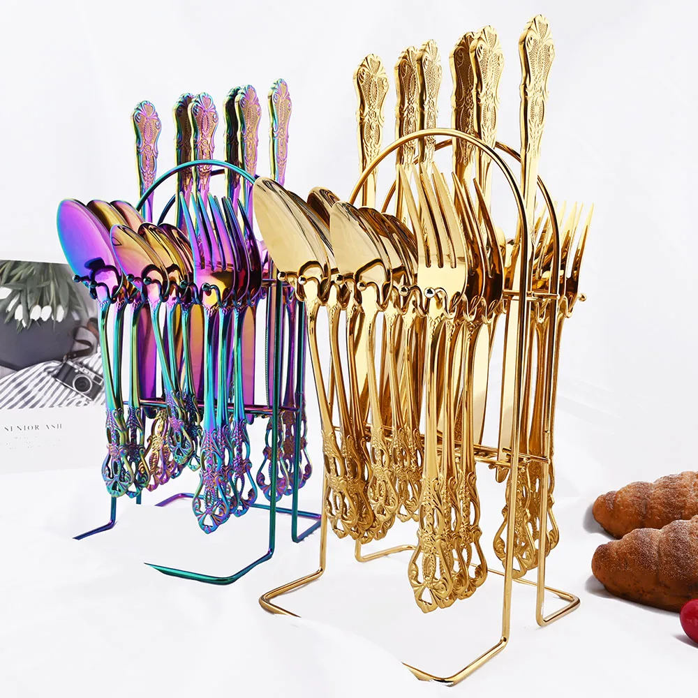 Rainbow Western Dinnerware Stainless Steel Cutlery Set Gold Knife Fork Coffee Spoon Tableware Set With Luxury Storage Rack