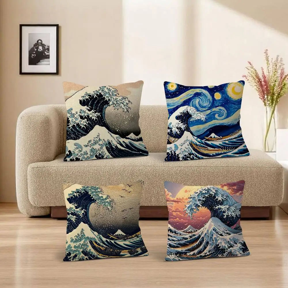 Hokusai Classic Giant Ocean Wave Mount Fuji Comfortable soft Pillow Case for Sofa Living Room Home Decor Protective Covers