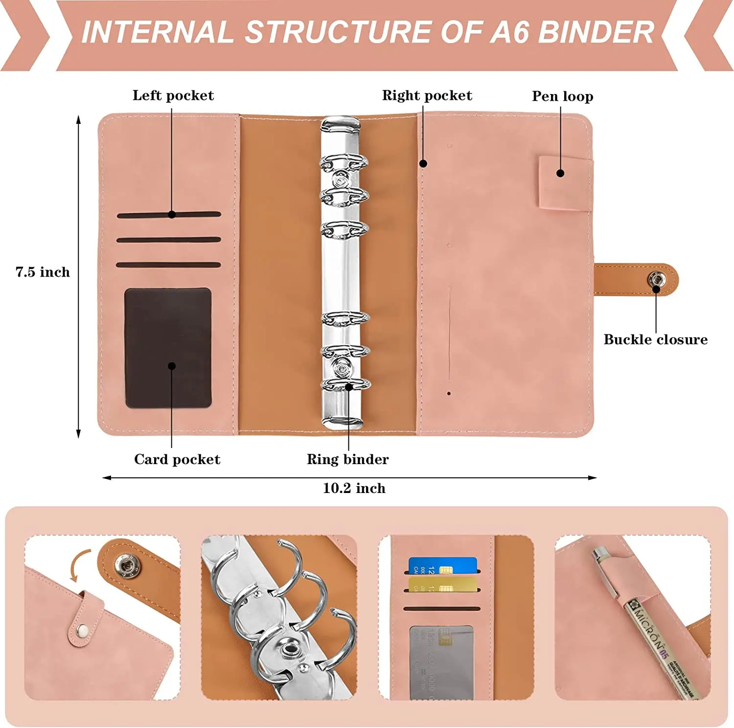 A6 Budget Binder, Soft PU Leather Notebook Binder Budget Planner Binder Cover with 16 Binder Pockets Cash Envelopes, 12 Expense