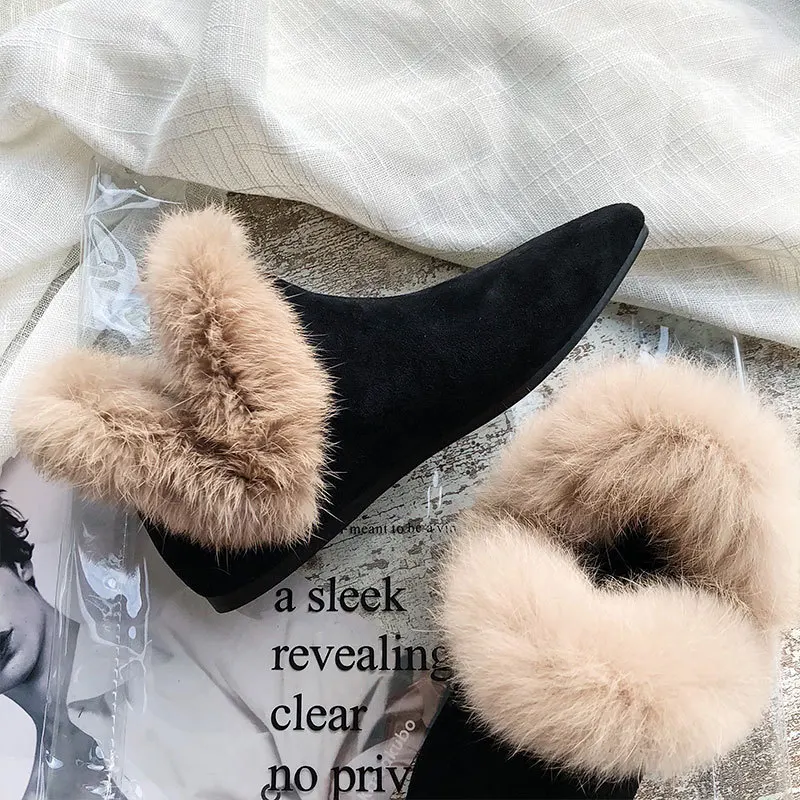 Fashion Fur Short Boots for Women Winter Pointed Toe Suede Ankle Boots Black Versatile Flat Botas Women Plush Warm Casual Shoes