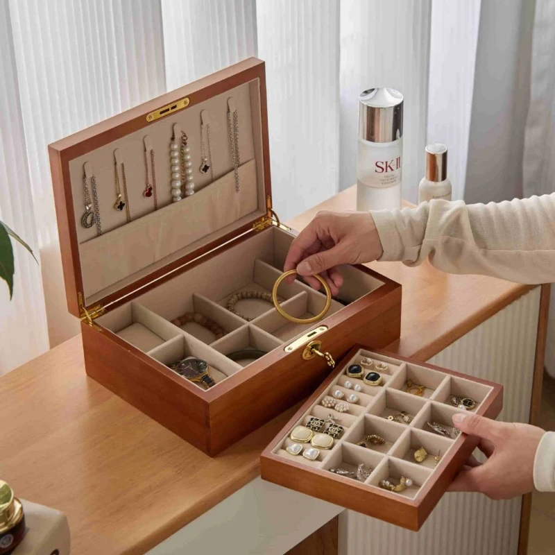 Solid Wood Jewelry Case 2 Layer Jewelry Storage Box Lockable Rings Necklace Organizer Boxes Desktop Household Earrings Cases