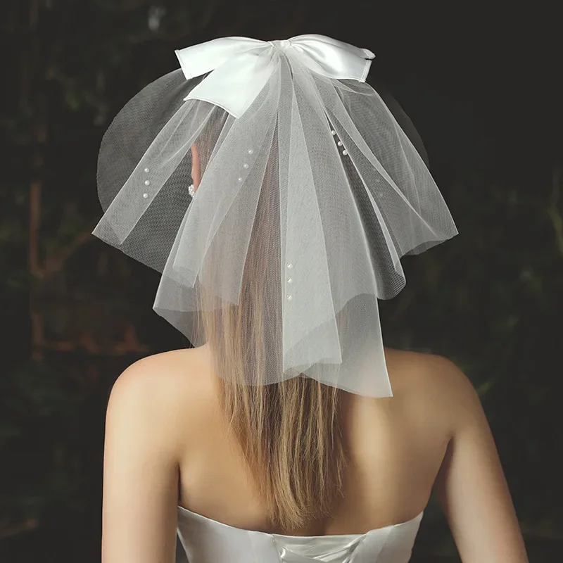 

Elegant Wedding Veils For Bride White Tulle Mesh Satin Bowknot Bridal Headpiece Veil For Women Girl Bride To Be Veils With Clip
