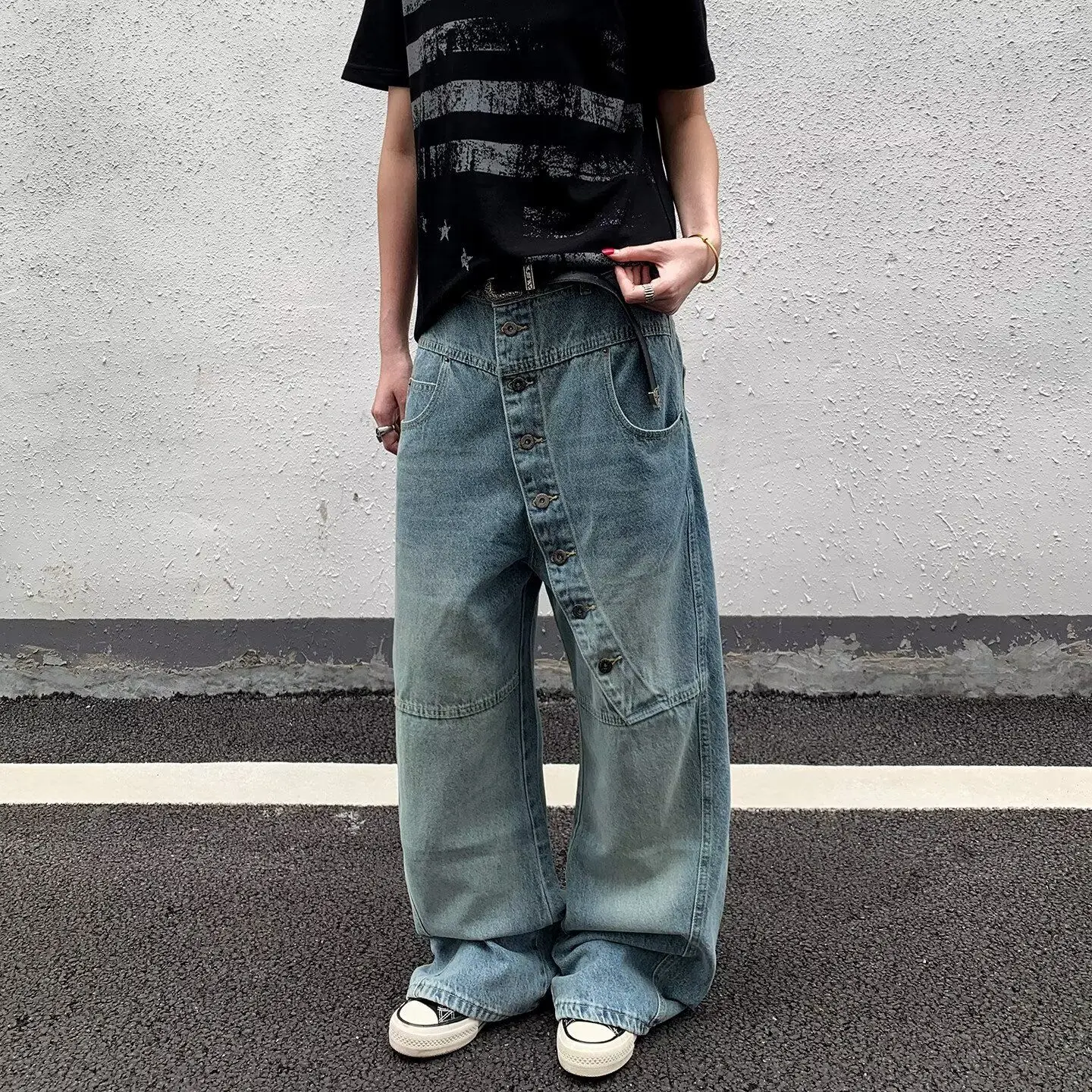 Men's Oblique Button Design Blue Jeans Casual Pants Summer Streetwear Wide-leg Trousers Boy Bottom Male High Waist Sweatpants