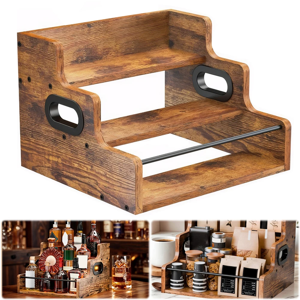 

Wooden Liquor Bottle Display Shelf 3 Step Retro Bar Shelf Stand Coffee Station Organizer for Liquor Whiskey