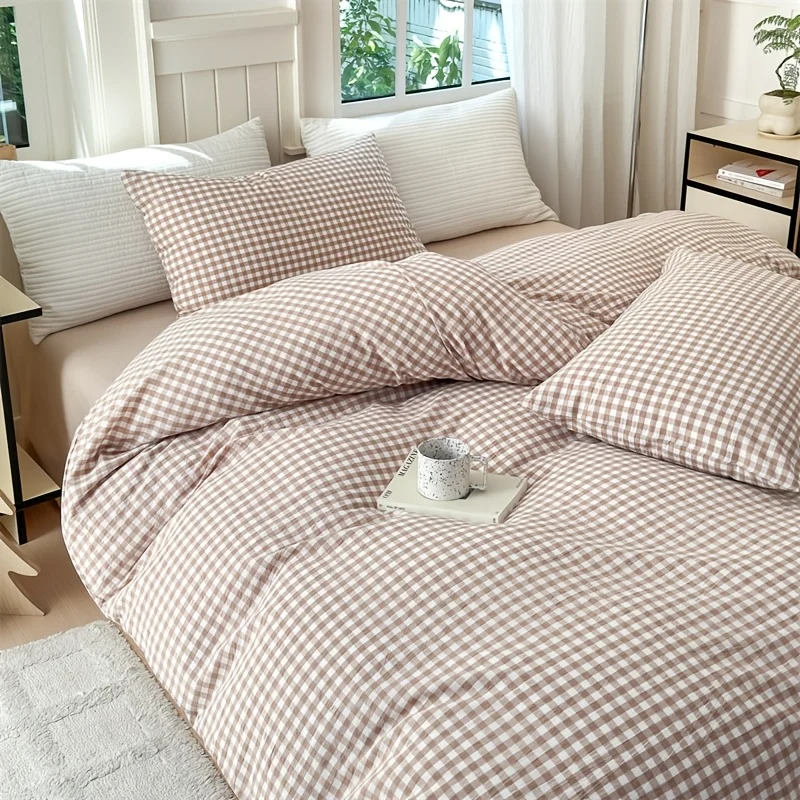 Khaki and Pink Plaid Bedding Bed Sheets Full Set | Includes 1 Duvet Cover and 2 Pillowcases and 1 Bed Sheets Comfortable Soft