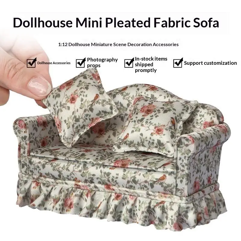 1Set Shelf Display Miniature Sofa 1:12 Scale Patterned Fabric Couch With Pleated Trim For Mini Room Photo Prop Styling