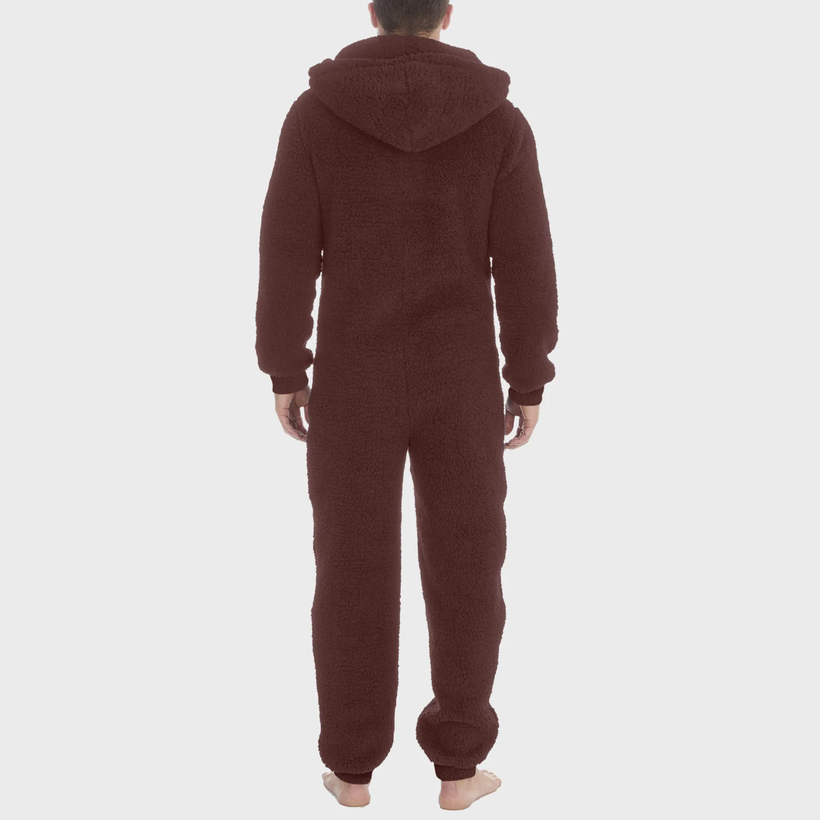 Men Jumpsuit Pajamas Artificial Wool Long Sleeve Casual Solid Color Zipper Loose Hooded Pajamas Autumn Winter Warm Robe Rompe