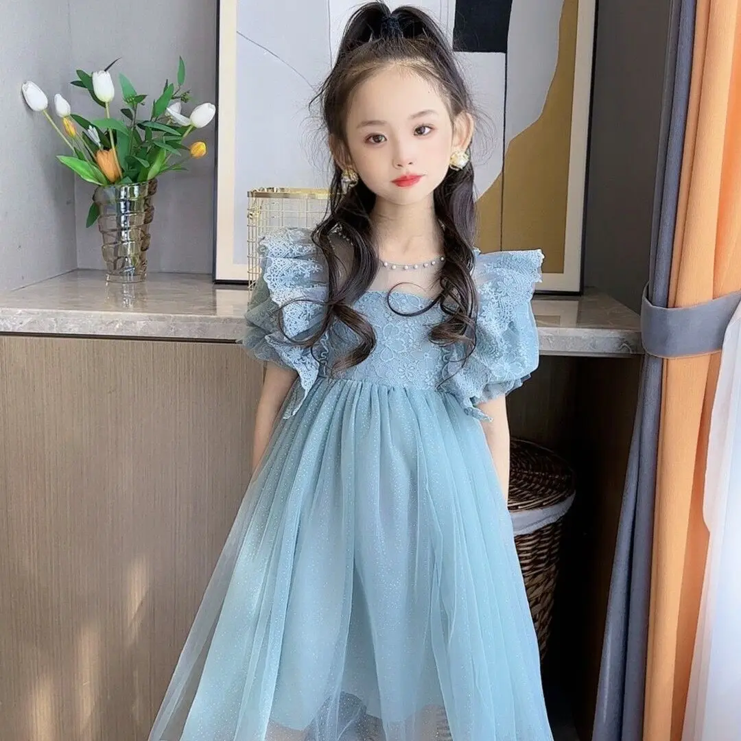 Girls' Summer Ball Gown Dress Nailed Pearl Lace Fairy Skirt Girl Baby Fashionable Lace Bubble Sleeves Fluffy Mesh Princess Skirt