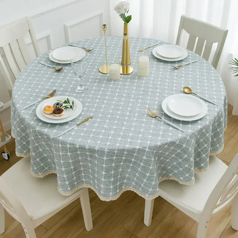 

Plaid Linen Table Cloth with Lace, Elegant Table Cover for Dining, Coffee Tablecloth, Round Diameter 140cm, 55 " Home Decorative