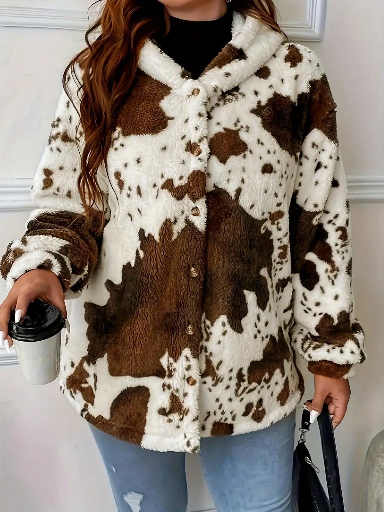 2024 autumn and winter new casual and fashionable plus size plush jacket women s cow print plus size zipper hoodie