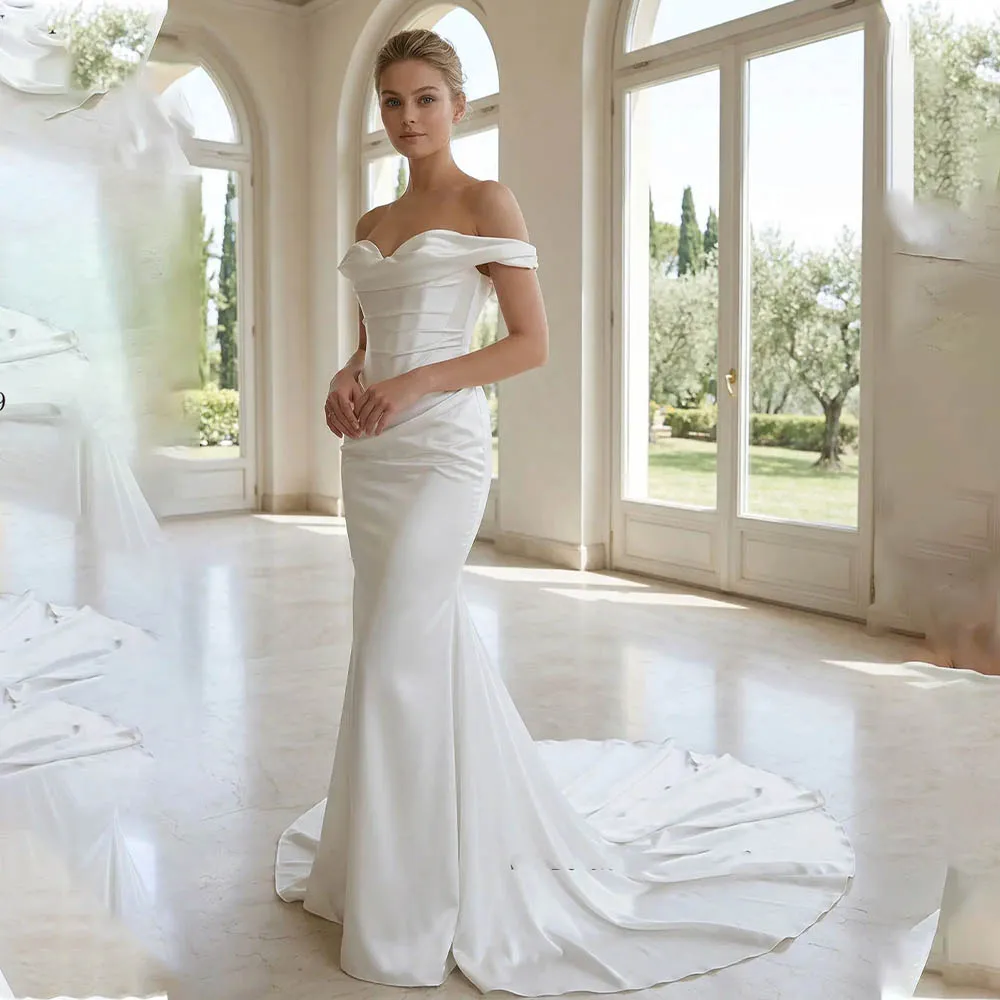 

Simple Off The Shoulder Pleat V-neck Satin Sheath Wedding Dresses Custom Made 2026 Rode De Morrie